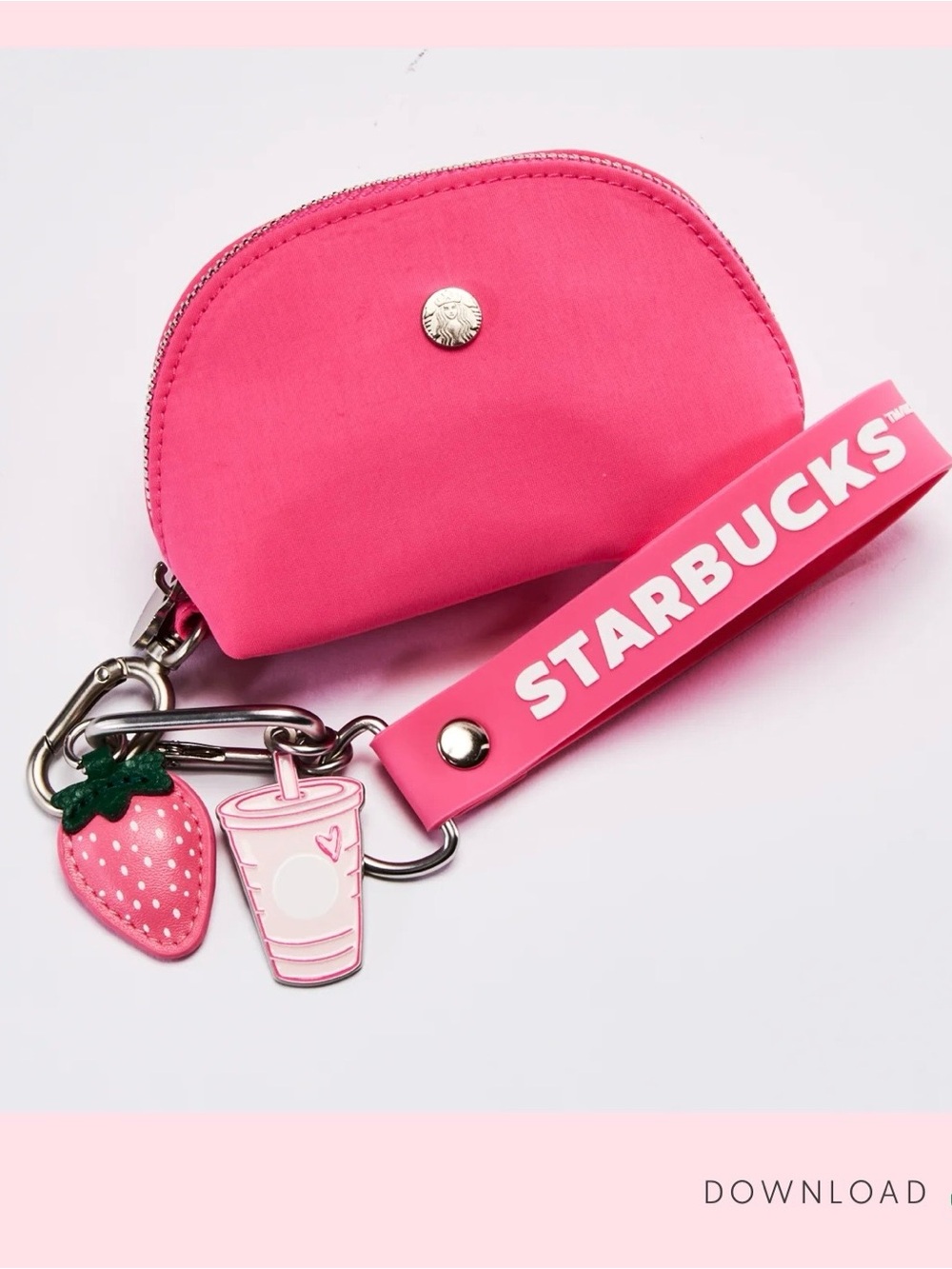 Starbucks Pink Coin Pouch Keychain with Strawberry & Cup Charms